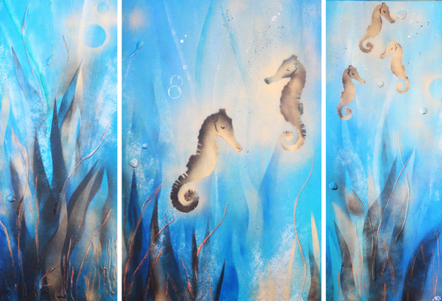 &ldquo;A Sea of Wonder&rdquo;, 
$299, SOLD
3 Panels (30 x 76cm(x2) & 50 x 76cm)